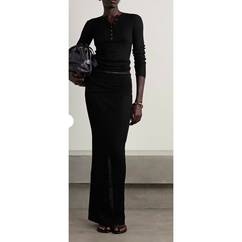 Chic SKIMS Sheer Knit Foldover Maxi Skirt Onyx Size M New